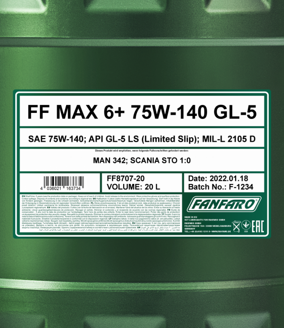 Fanfaro - 8707 Max 6+ 75W-140 GL-5 Manual Transmission Fluid 20L