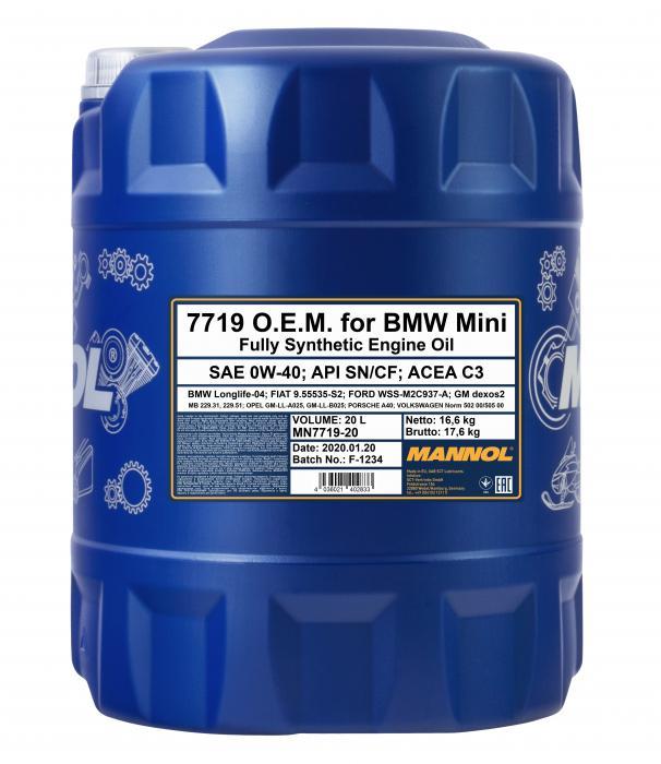 Mannol - 7719 O.E.M. for BMW Mini 0W-40 20L Engine Oil