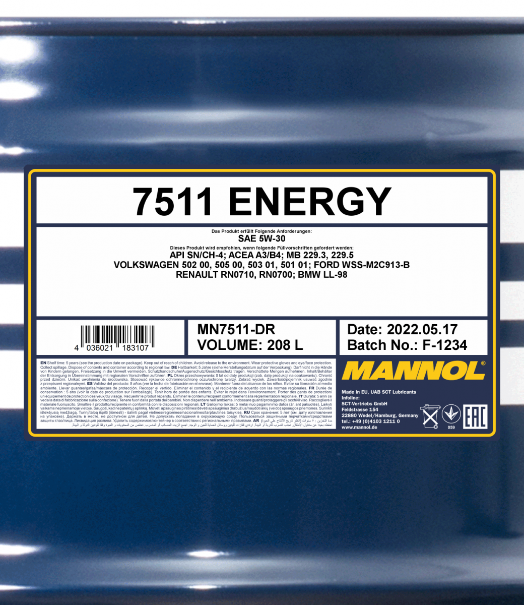 Mannol - 7511 Energy 5W-30 208L Drum Engine Oil