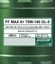 Load image into Gallery viewer, Fanfaro - 8707 Max 6+ 75W-140 GL-5 Manual Transmission Fluid 20L
