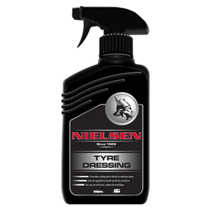 Nielsen Tyre Dressing 500 millilitres in a black spray bottle